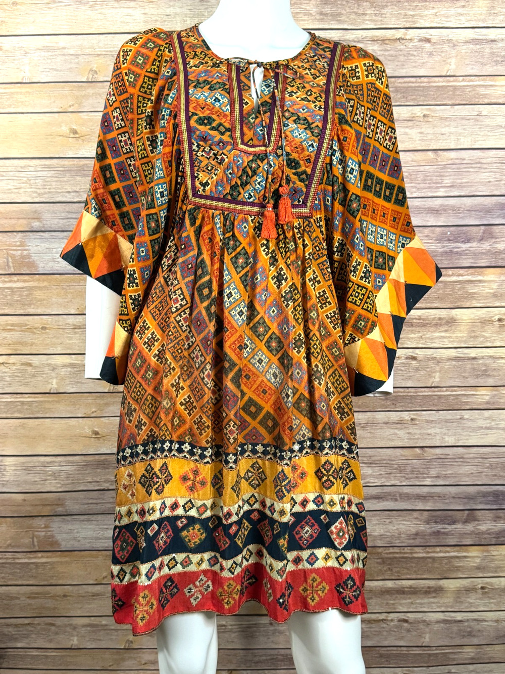 Anthropologie Tanvi Kedia Brown Orange Geometric Sumana Boho Tunic Shift Dress S